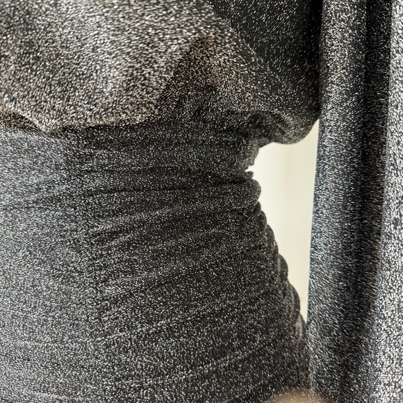 Shimmery Black Metallic Ruched Mini Dress - Picture 8 of 16